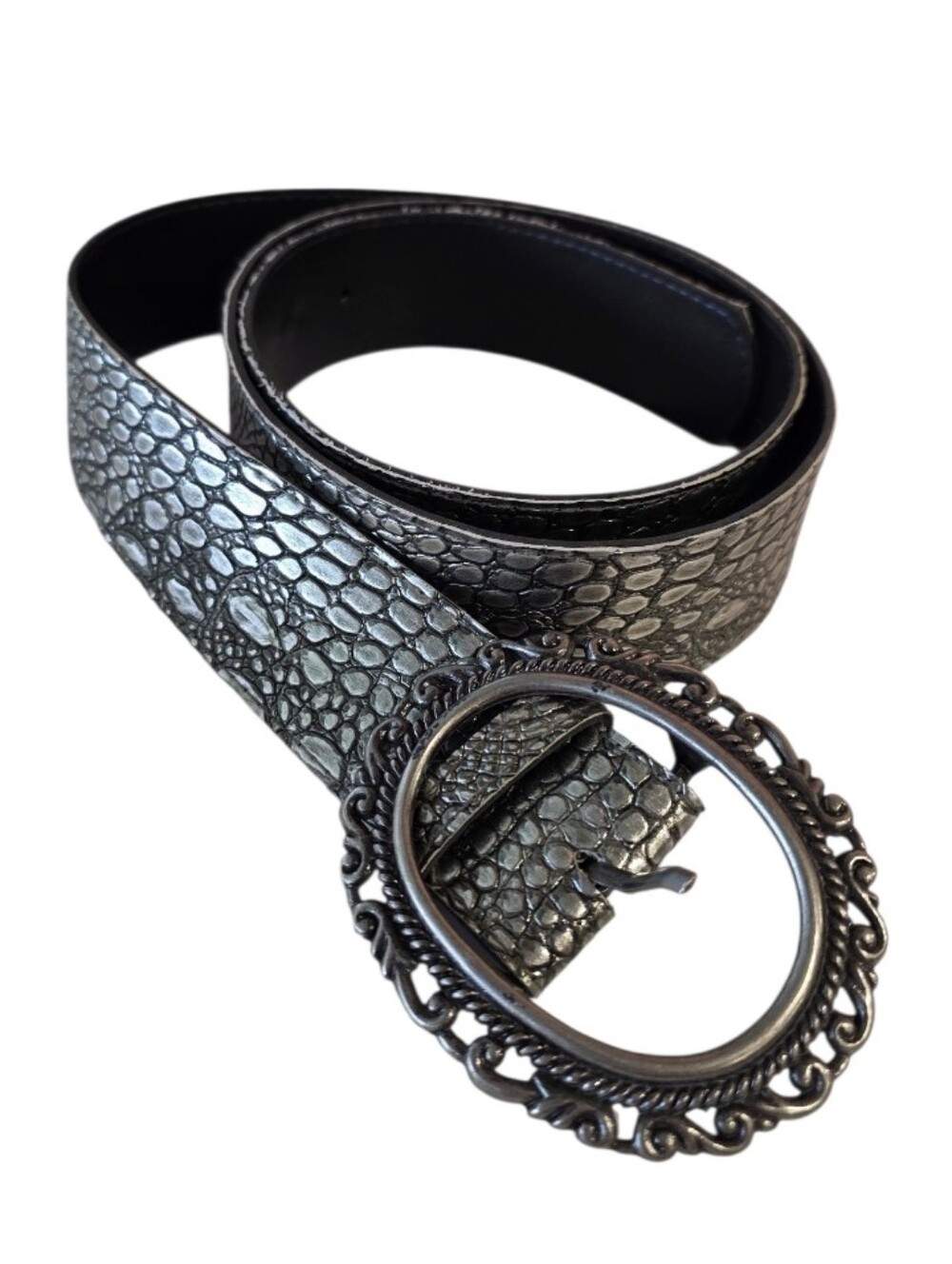 Vintage Y2K Festival Pewter Silver Textured Belt with Ornate Oval Buckle 14